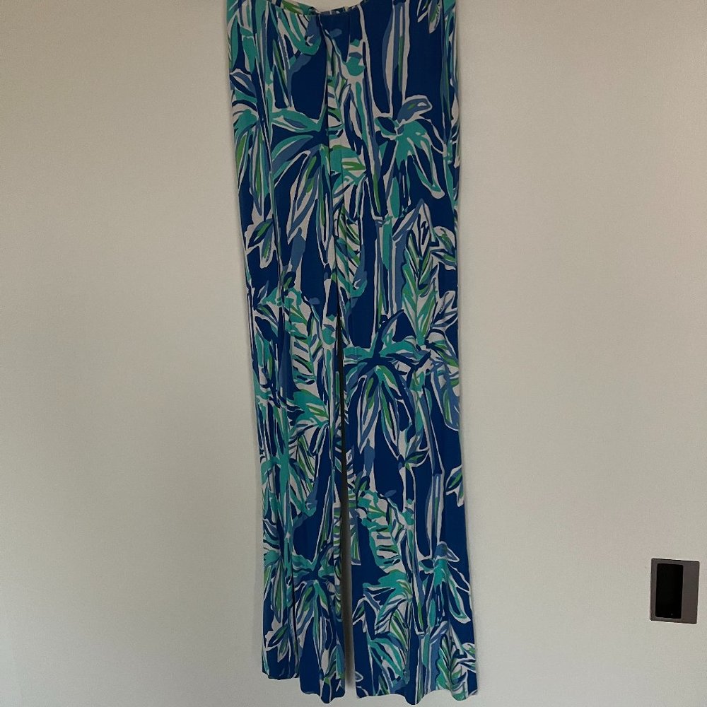 Lilly Pulitzer Georgia May Palazzo Pants: Blue Crush Bamboo Print- Size XS